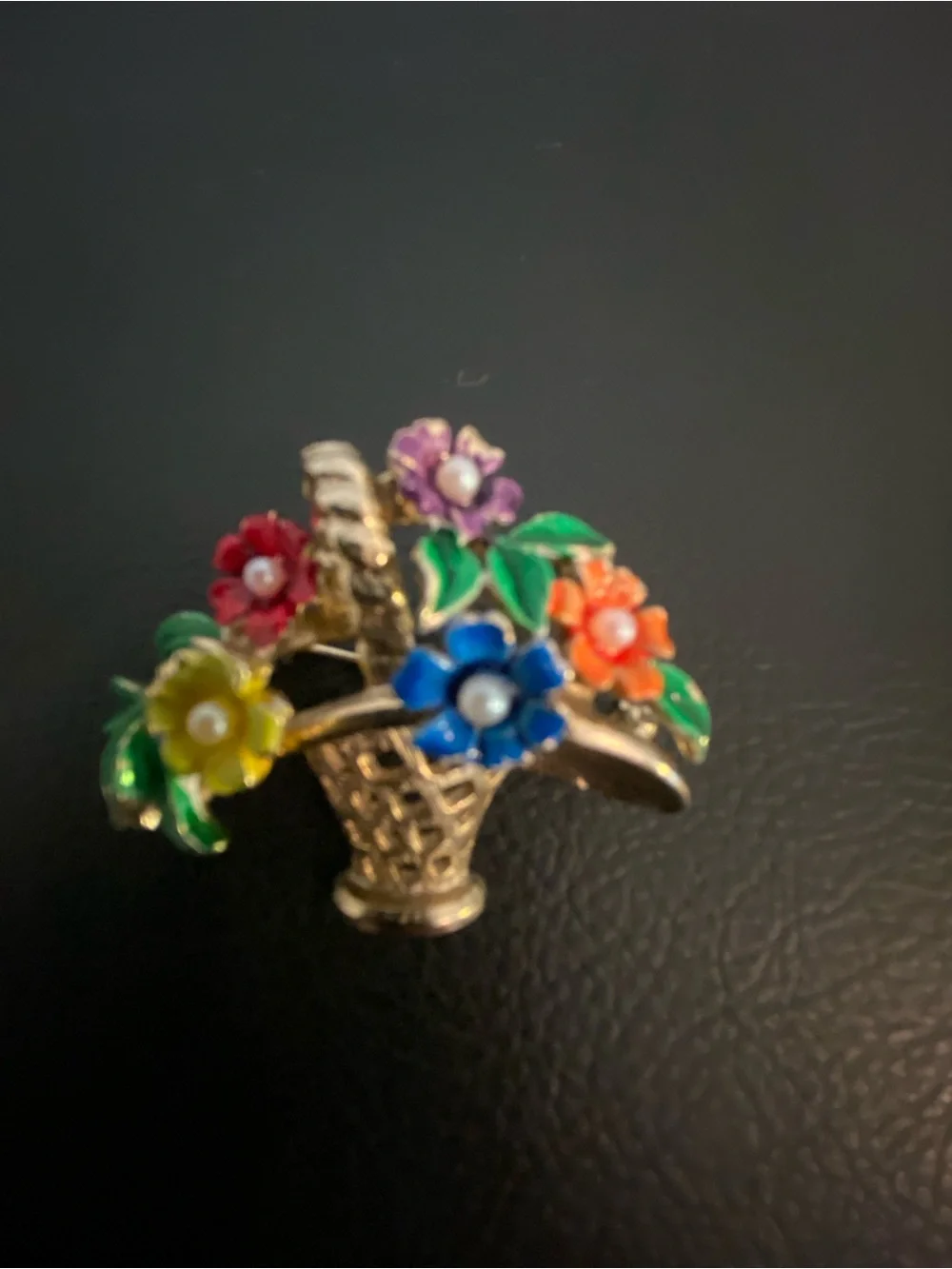 Vintage St. Labre Jewelry Co, Gold Floral Basket Brooch w/ Multi Enamel Flowers